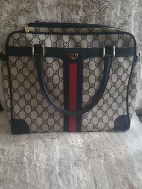 Vintage Gucci Beige Monogram Satchel with Red & Navy Center Stripe